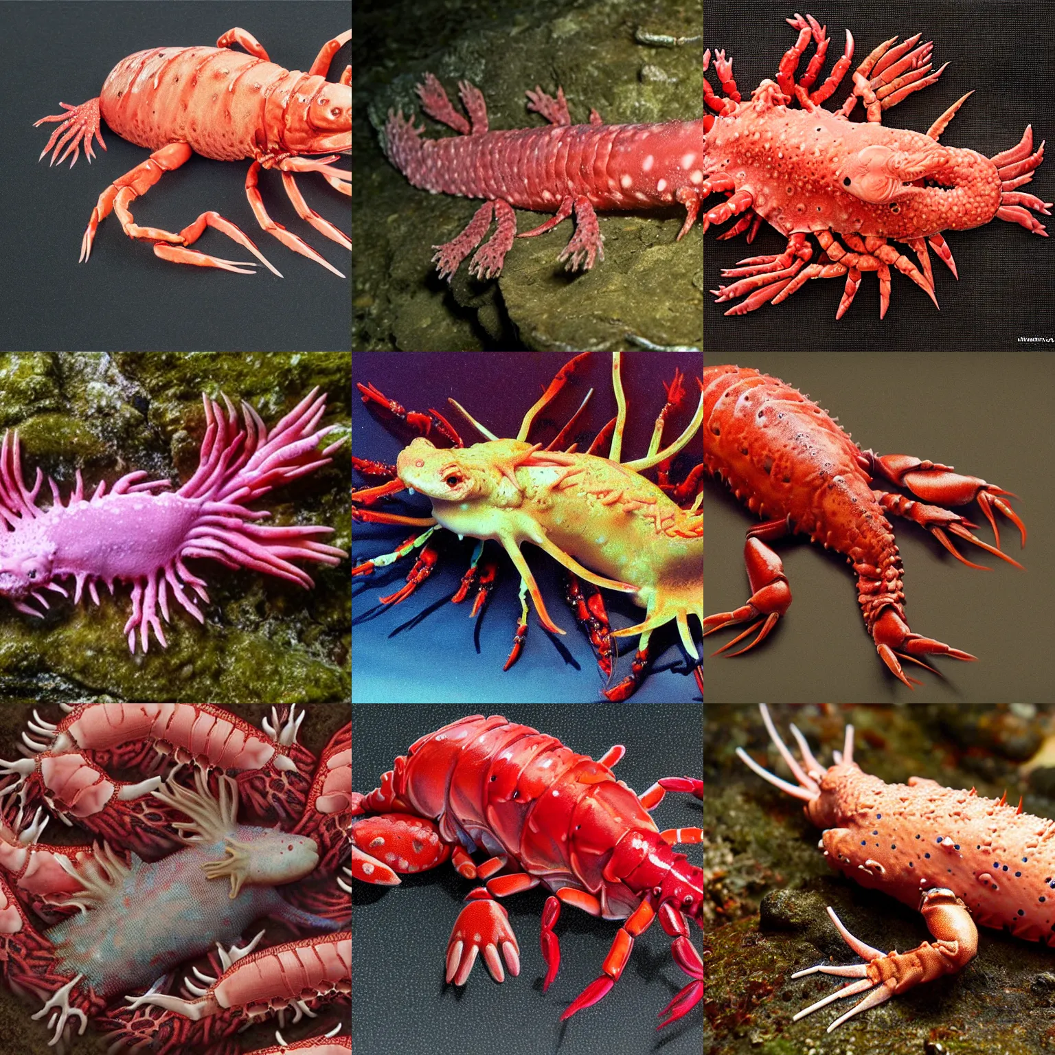 Prompt: an axolotl made of lobster claws, astonishing detail. hyper realistic