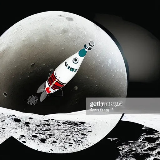 Image similar to space rocket landing on the moon inside a snow globe