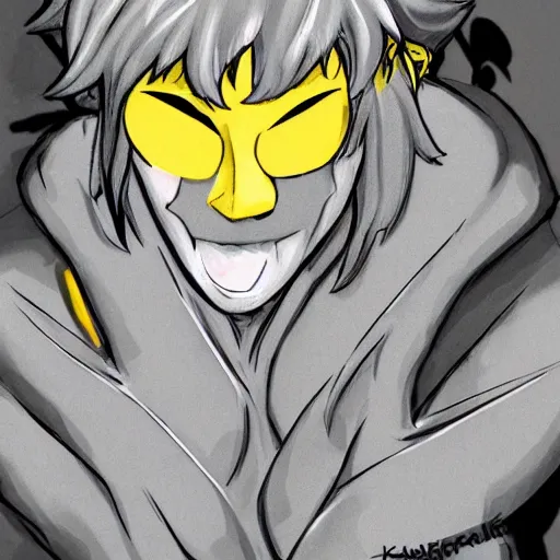 Image similar to karkat vantas, detailed art, gray skin, yellow eyes, yellow horns