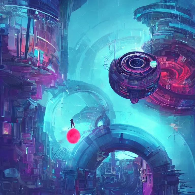 Prompt: a circle!! spiral portal!!! structure floating in space!!, cyberpunk, epic surrealism, indigo, purple, bright red, cyan, detailed digital matte painting in the style of simon stalenhag and painting by ralph mcquarrie