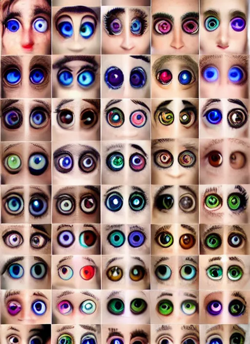 Image similar to diverse eyes!, dot pupils, round pupil, happy human eyes, round iris, advanced art, art styles mix, from wikipedia, grid of styles, various eye shapes