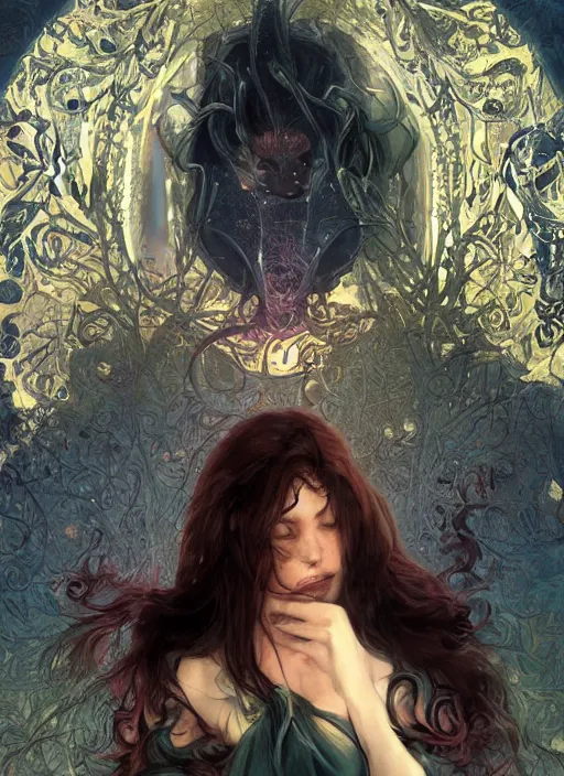 Image similar to book frontcover, side portrait, dark witch with black hood and evil eyes, realism, soft, smooth, luminescent, art nouveau tarot, backlit glow, colorful swirly ripples, gaudy colors, aesthetic octane render, unreal engine, 8 k, by artgerm, greg rutkowski, alphonse mucha