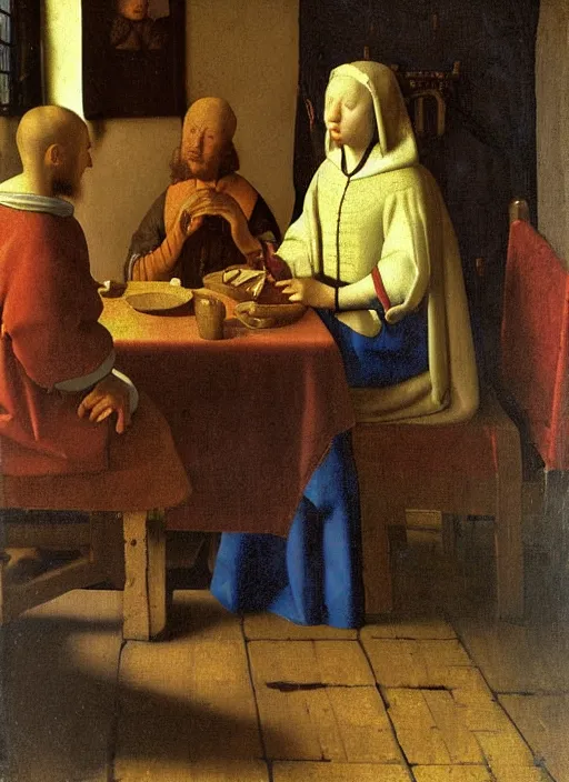 Image similar to Young man sitting at the table with young pretty blonde girl at the crowded inn. Medieval painting by Jan van Eyck, Johannes Vermeer, Florence