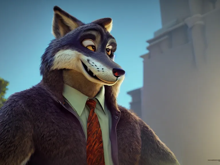 Image similar to a film still from zootopia main character portrait anthro anthropomorphic wolf guard head animal person fursona pixar disney animation sharp rendered in unreal engine 5 anime key art by greg rutkowski bloom dramatic lighting modeling beginner render