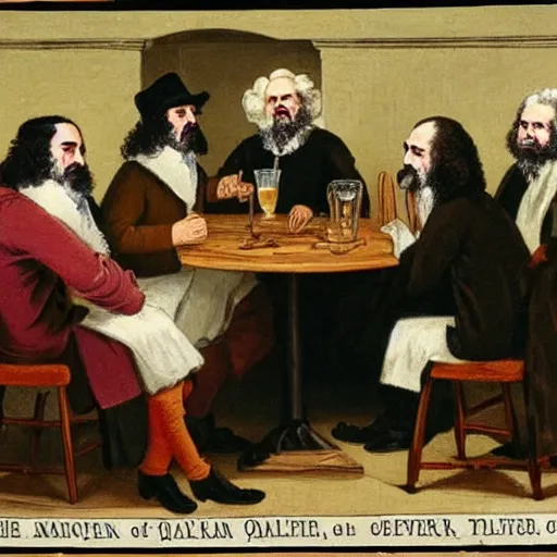 Image similar to the quaker oats man having a drink with ron jeremy at a round table in a tavern