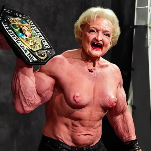 Prompt: betty white muscular wwe world champion wrestling zombies