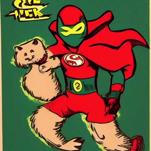 Prompt: A ferret is a superhero, cute green cape, black mask, red suit, he's fighting a villain, comic book art