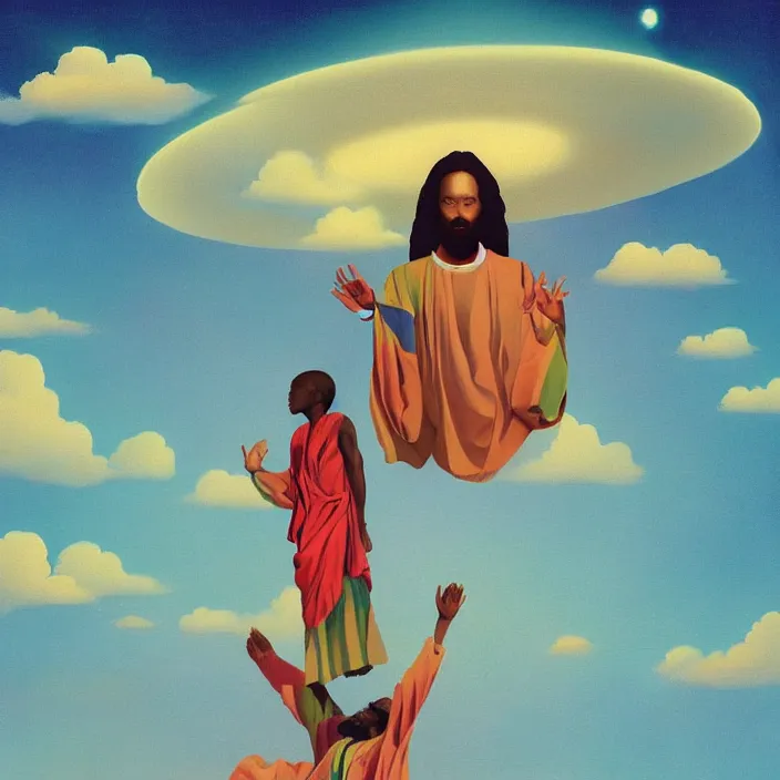 Image similar to UFO hovering over an African Jesus , clouds, colorful, painting by Hsiao-Ron Cheng,