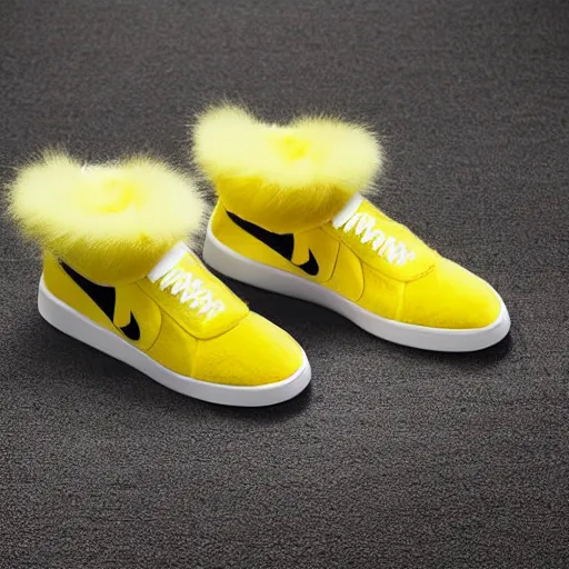 Image similar to nike pikachu model shoe made of very fluffy yellow faux fur placed on reflective surface, professional advertising, overhead lighting, heavy detail, realistic by nate vanhook, mark miner