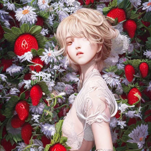 Image similar to the portrait of an absurdly beautiful, graceful, elegant, sophisticated, fashionable young gravure idol made of strawberries and white petals, an ultrafine hyperdetailed illustration by kim jung gi, irakli nadar, intricate linework, bright colors, octopath traveler, final fantasy, unreal engine 5 highly rendered, global illumination, radiant light, detailed and intricate environment