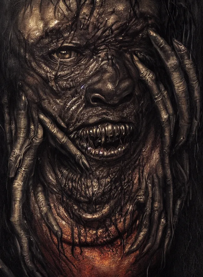 Image similar to a closeup portrait of a monster with black skin that invokes fear, d & d, fantasy setting, horror environment, morbid colors, dark lighting, atmospheric, cinematic, moody, in the style of diego koi, gina heyer, luiz escanuela, art by alyssa monk, depth, hyperrealism, rule of thirds, golden ratio, oil on canvas, 8 k