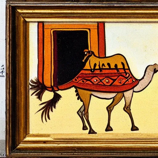 Prompt: An expressionistic painting of a mouse Riding a camel through a narrow street in london, (1885)