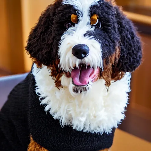 Image similar to a closeup photorealistic photograph of a cute smiling knitted bernedoodle judge dog dressed in a black gown, presiding over the courthouse. indoors, professional capture, well lit shot. this 4 k hd image is trending on artstation, featured on behance, well - rendered, extra crisp, features intricate detail, epic composition and the style of unreal engine.