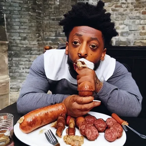 Prompt: “ 2 1 savage eating sausage, award winning pork, actual photo from 1 0 5 6 ad ”