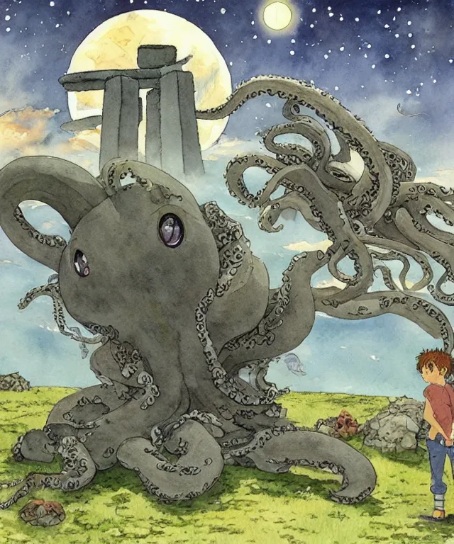 Image similar to a hyperrealist studio ghibli watercolor fantasy concept art. in the foreground is a giant grey octopus liting and putting stones in to place on top of stonehenge with a starry sky. by rebecca guay, michael kaluta, charles vess