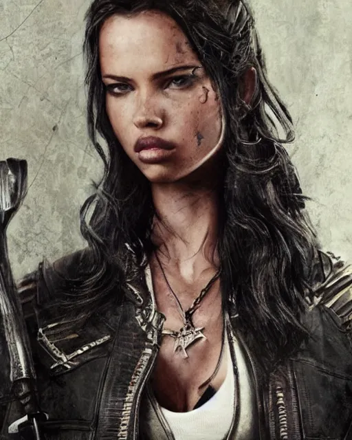 Image similar to Adriana Lima in sons of anarchy tv show, wearing jacket, D&D style , highly detailed, digital art, trending on artstation, smooth, sharp focus, illustration, art by artgem and ROBERT HYNES