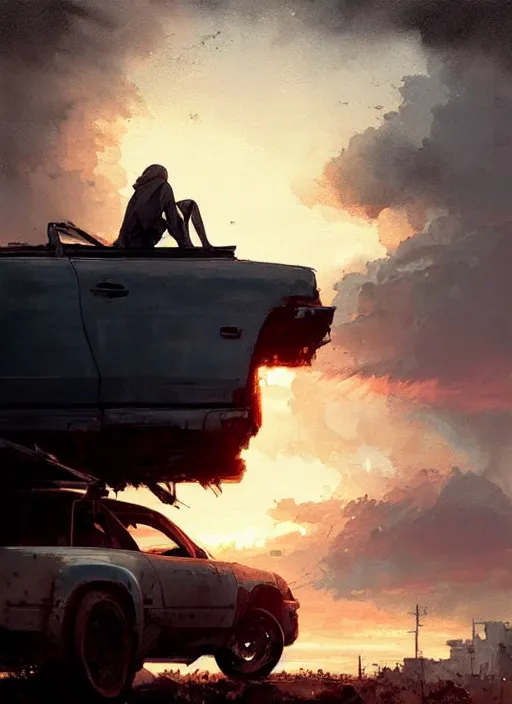 Image similar to apocalypse survivor sitting on car roof looking at the sunset, rule of thirds, intricate, by greg rutkowski, by jeremy mann, digital painting
