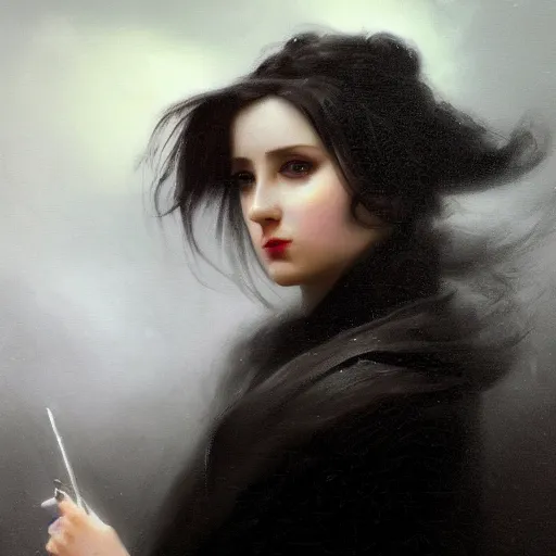 Prompt: furious dark haired women, cameraflash portrait by ivan ivan aivazovsky, greg rutkovski, wearing black coat, black makeup, ice mage, shooting ice, oil painting,, fantasy artwork, fantastic artwork, 4 k, trending on artstation