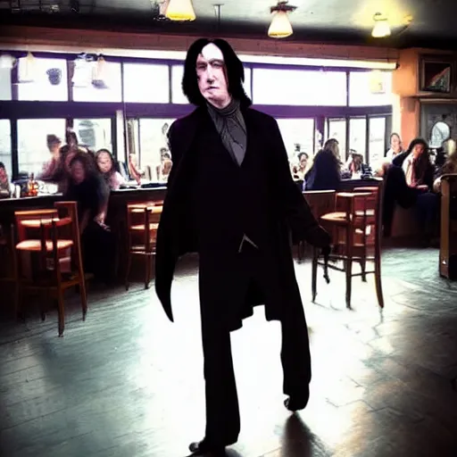 Image similar to Severus Snape dance in a bar, fish lens, neon, realistic, full body, very detailed, super realistic