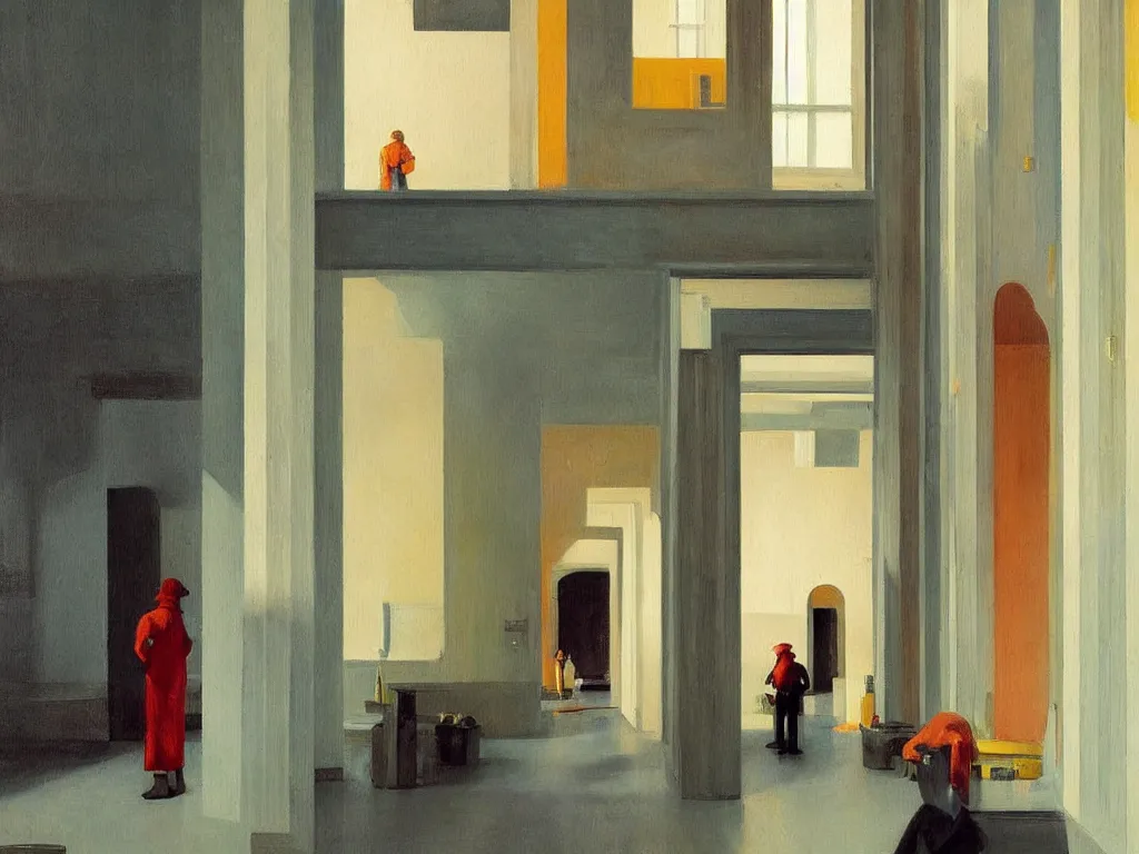 Prompt: colorful minimalist industrial interior hallway with monolithic pillars in the style of ridley scott and stanley kubrick, impossible stijl architecture, crowded with victorian era figures, ultra view angle view, realistic detailed painting by edward hopper