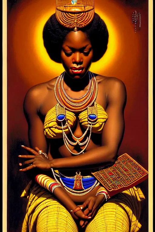 Prompt: an african goddess queen in a temple by gil elvgren and norman rockwell and rob gonsalves and hajime sorayama, hyperrealistic, high detail, ultra detailed, highly detailed face, feminine facial features