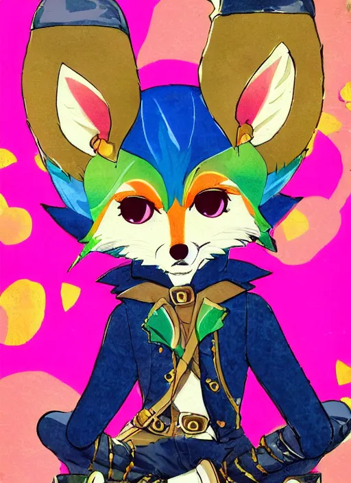 Image similar to A vintage painted illustration of an adorable chibi rogue fox anime guy in the style of Lisa Frank Babs Tarr Hantine Hsu sitting in a couture leather and spike vest that has skulls on it