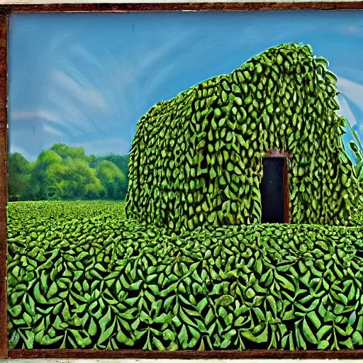 Image similar to kudzu vines wrapping around an old farmhouse, American west, surrealism