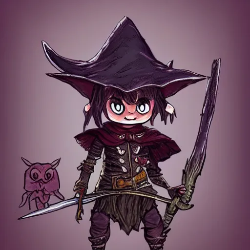 Image similar to cute tiny goblin girl wearing hunter armor from Bloodborne and a wizard hat, d&d, Newgrounds