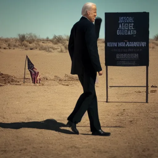 Prompt: a color photo taken from a distance of joe biden walking in a wasteland