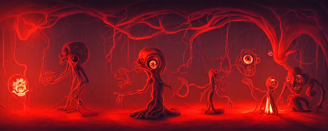 Image similar to uncanny alchemist chthonic creatures inside a visceral arterial alchemical lab within the left ventricle of a human heart, dramatic lighting fiery red lighting, surreal fleischer cartoon characters, surreal painting by ronny khalil