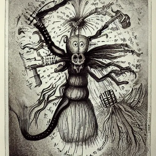 Image similar to whimsical freaky creature sings a unique canto about \'as above so below\' being ignited by the spirit of Haeckel and Robert Fludd, breakthrough is iminent, glory be to the magic within