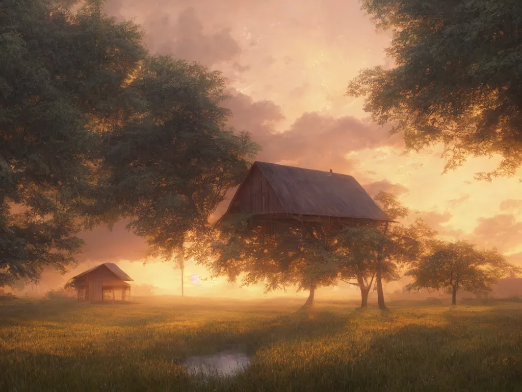 Image similar to a oil painting of a serene landscape with a singular wooden house at sunrise, concept art, octane render, unreal engine 5, trending on deviantart, highly detailed, high quality, oil painting, digital painting l, masterpiece, hyperrealistic, breathtaking landscape, soft lighting, godrays, complementary colors, natural lighting