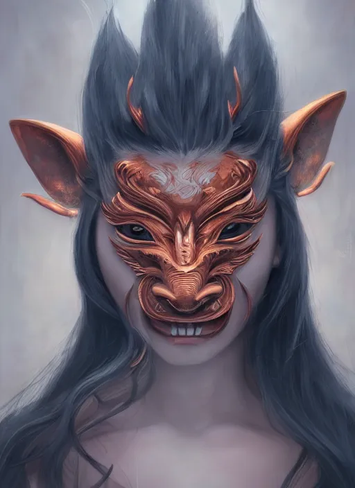 Image similar to a beautiful detailed oil on copper art illustration of a japanese oni kitsune mask devil woman, centered, by charlie bowater, zeng fanzh, trending on artstation, dim dusk lighting, cinematic lighting, detailed lighting, volumetric lighting, realistic, f 8, 4 k hd wallpaper