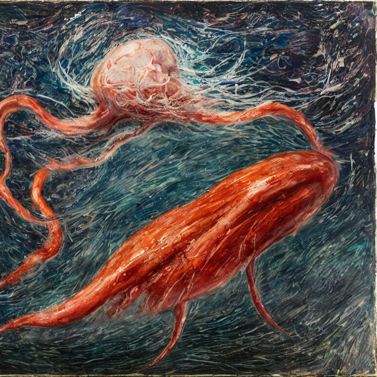 Prompt: Hyperrealistic intensely colored Studio wet collodion Photograph portrait of a deep sea Giant Squid battling Physeter Macrocephalus Whale deep underwater in darkness long exposure, award-winning nature deep sea expressionistic impasto heavy brushstrokes oil painting by Cy Twombly and Tim Hawkinson and Audubon vivid colors hyperrealism 8k