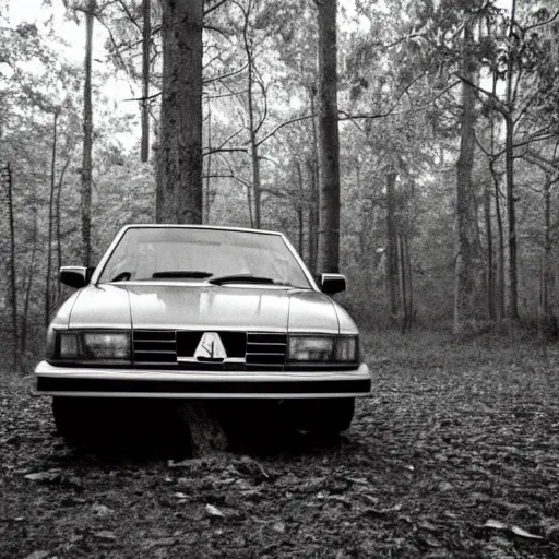 Image similar to 1 9 9 0 s car at night, camera shot, forest in the background, ghost peeks from the trees, creepy