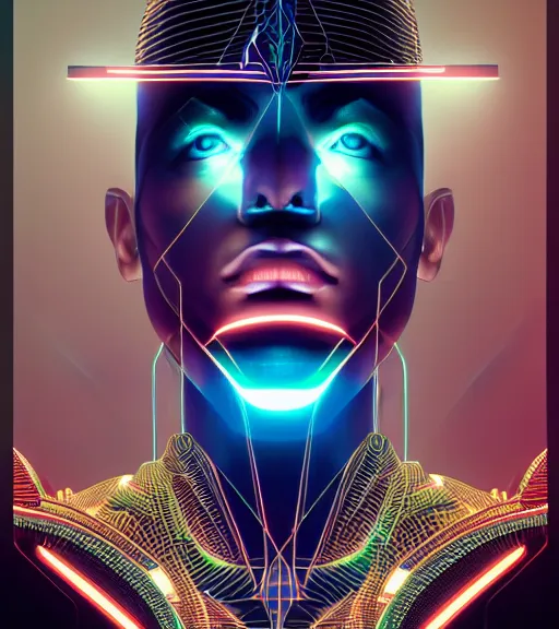 Image similar to symmetry!! egyptian prince of technology, solid cube of light, hard edges, product render retro - futuristic poster scifi, lasers and neon circuits, brown skin man egyptian prince, intricate, elegant, highly detailed, digital painting, artstation, concept art, smooth, sharp focus, illustration, dreamlike, art by artgerm