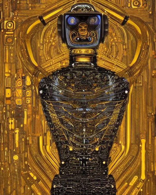 Image similar to Golden Portrait of a Robot from iRobot by Gustav Klimt, cyberpunk noir, baroque elements, intricate artwork by caravaggio, aesthetic, intricate, highly detailed, masterpiece