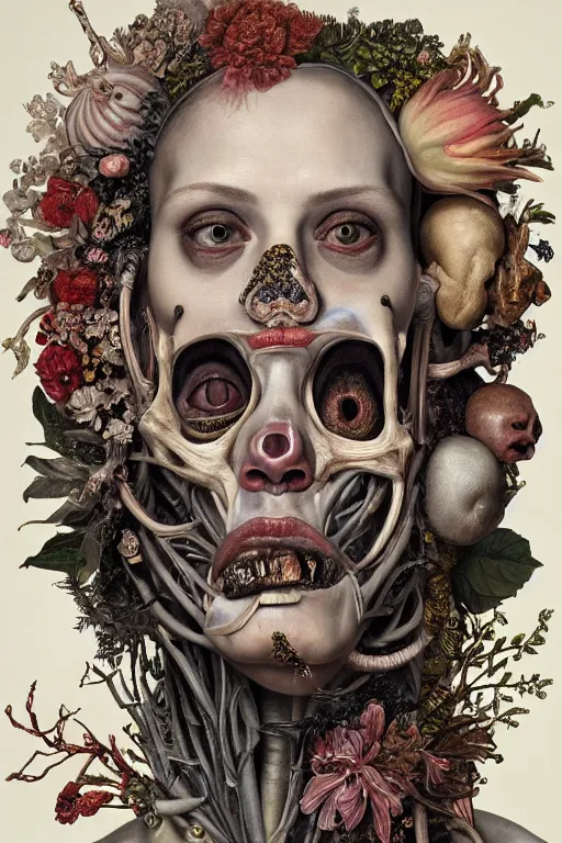 Image similar to Detailed maximalist portrait of a greek god with large lips and eyes, scared expression, botanical anatomy, skeletal with extra flesh limbs, HD mixed media, 3D collage, highly detailed and intricate, surreal illustration in the style of Jenny Saville, dark art, baroque, centred in image