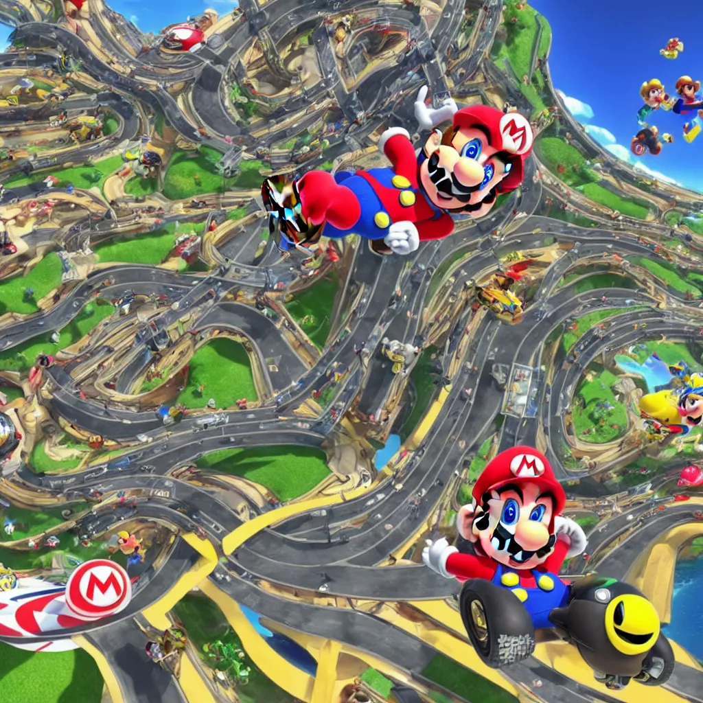 Prompt: mario kart 8 deluxe racing track. made by supercell, disney, pixar.