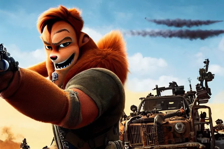 Image similar to nick wilde, heavily armed and armored facing down armageddon in a dark and gritty reboot from the makers of mad max : fury road