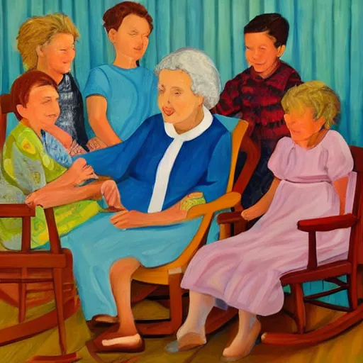 Prompt: painting in the zandinsky style of a grandmother sitting in a rocking chair, surrounded by her grandchildren, while she tells them a story