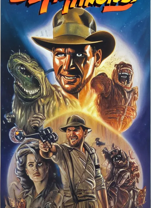 Image similar to science fiction 1 9 8 6 poster for indiana jones and the ghostbusters. oil on canvas. print.