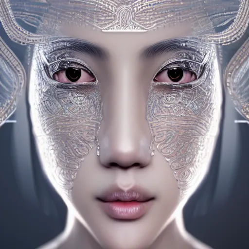 Image similar to asian - european woman closeup face portrait, face covered with chrome lines, ethereal, futuristic, highly detailed face, elegant pose, intricate, beeple cgsociety, extremy detailed, cgsociety, unreal engine, octane render, highly detailed 4 k art