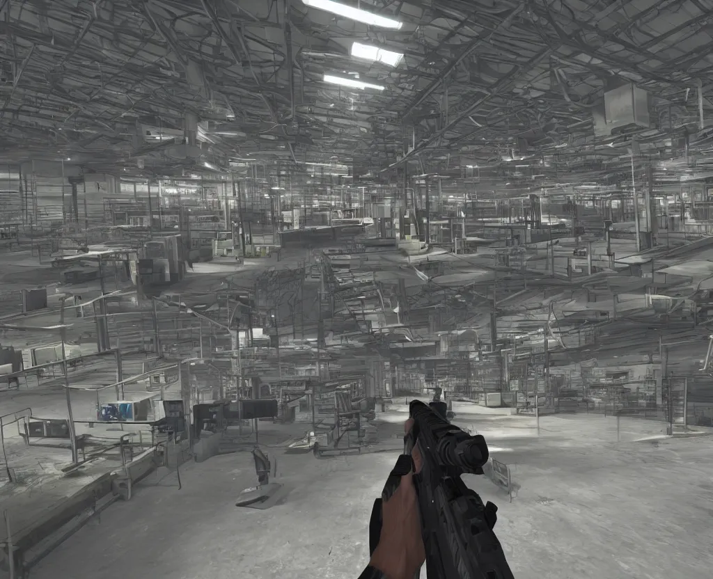 Prompt: first person shooter point of view of a factory