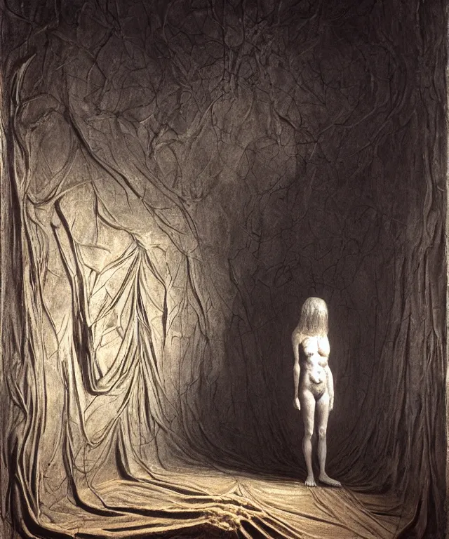 Image similar to The room without doors and windows with beautiful full-body wax sculpture of a glowing transparent woman with visible golden bones inside it in the singularity where stars becoming baroque folds of dark matter by Michelangelo da Caravaggio, Nicola Samori, William Blake, Alex Grey and Beksinski, dramatic volumetric lighting, highly detailed oil painting, 8k, masterpiece