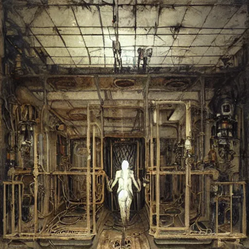 Image similar to horrorpunk interior of pristine steampunk asylum laboratory testing chamber containing a chained mutant cyborg nicola samori hr giger william-adolphe borguereau viktor vasnetsov charlie bowater acrylic painting