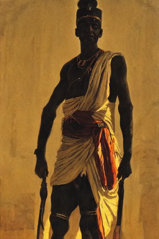 Prompt: a closer hero portrait of a live nubian temple guard in old egypt. masterpiece, dramatic light and shadow, saturated colors, ciaroscuro. painted by anders zorn