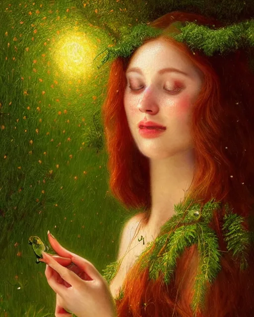 Prompt: a young woman, admiring the lights of golden fireflies, sitting in the midst of nature fully covered with a wonderful dress, long loose red hair, intricate details, green eyes, small nose with freckles, oval shape face, soft happy smile, realistic, expressive emotions, hyper realistic highly detailed art by albert bierstadt