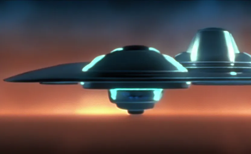 Image similar to a cell - shaded cartoon movie still from independence day ( 1 9 9 6 ) of a chrome ufo. very dull muted colors, hd, 4 k, hq