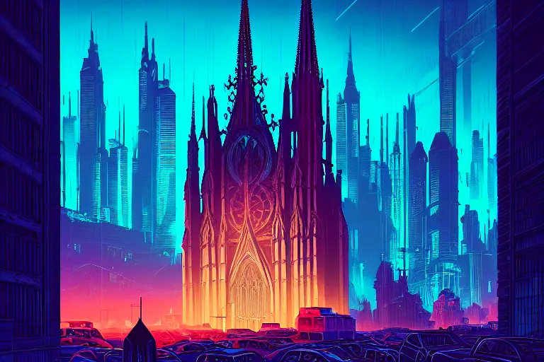 Prompt: a gothic cathedral dan mumford and josan gonzalez and simon stalenhag, cyberpunk, police drones, neon signs